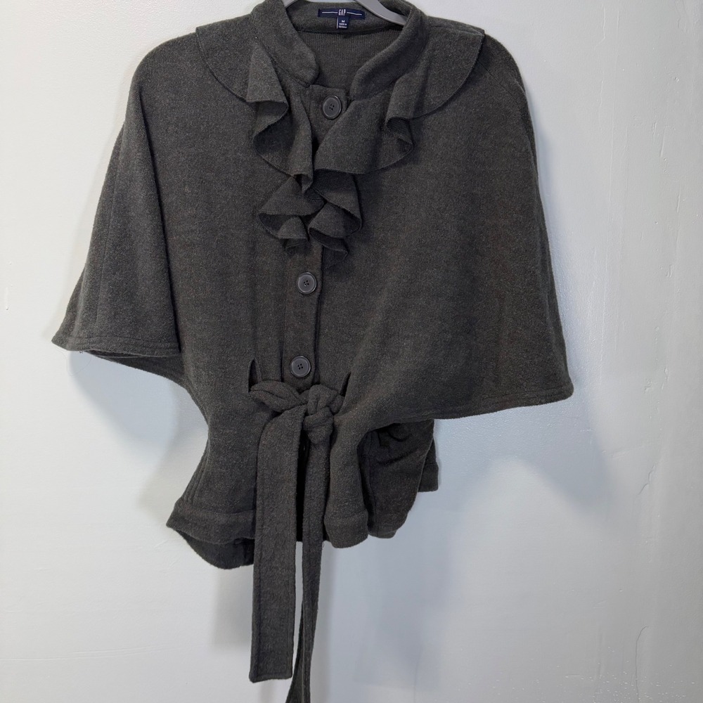 GAP Womens Ruffle Neck Knit Poncho Cardigan Belted Gray M